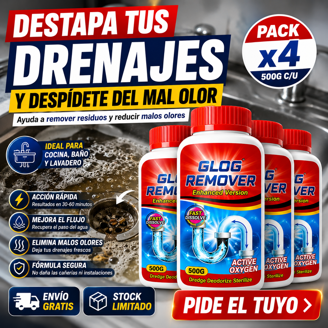 FluxClean™ | Pack x4 Limpiador de Drenajes con Oxígeno Activo