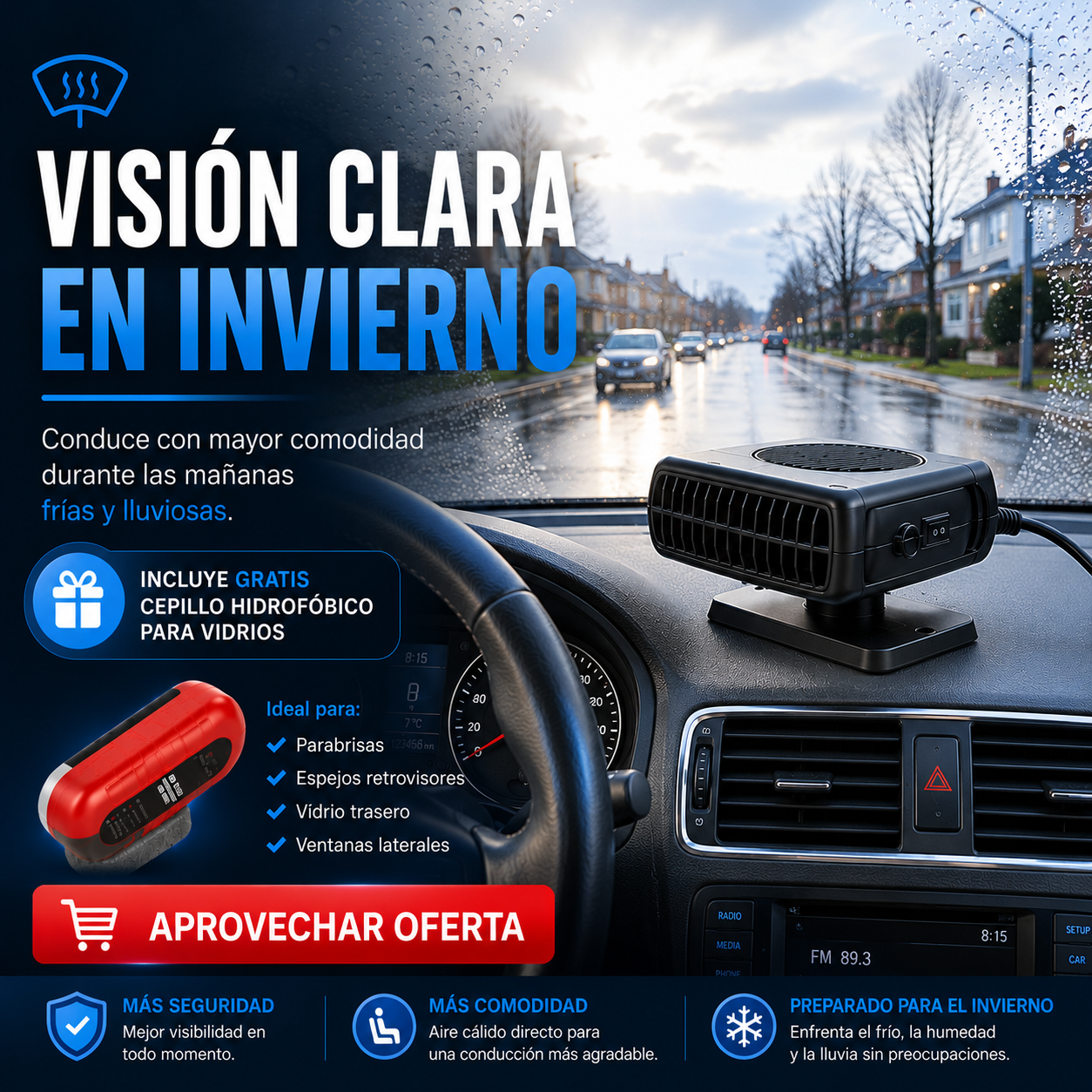 ClimaSmart™ Calefactor y Desempañador Portátil para Auto 🎁 Incluye Aplicador Antiempañante Hidrofóbico GRATIS
