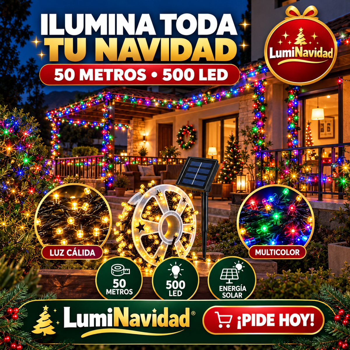 LumiNavidad Guirnalda Solar de 50 Mtrs y 500 luces LED