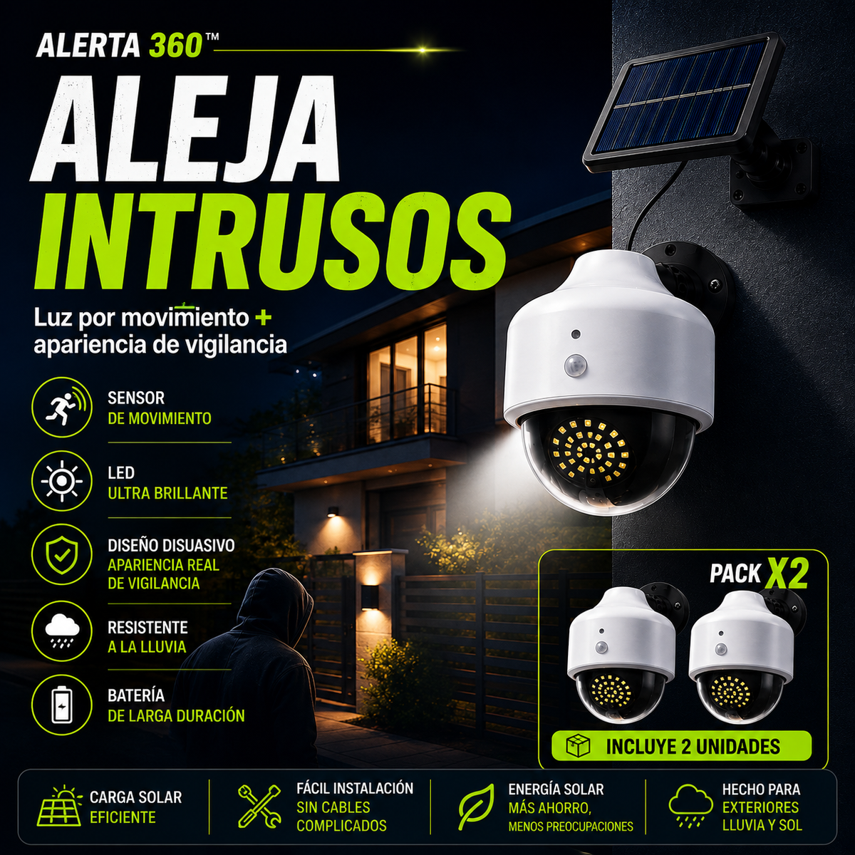 Alerta 360™ | Pack X2 Focos Solares con Sensor de Movimiento y Apariencia de Vigilancia
