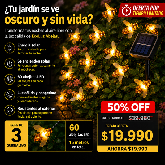 Pack de 3 Guirnaldas Solares EcoLuz Abejas™ de 5 Metros y 20 abejas c/u