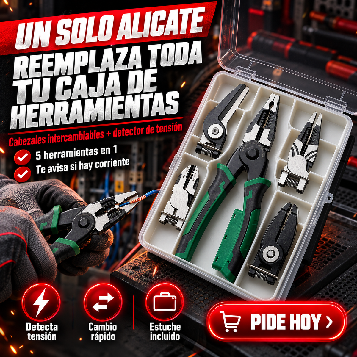 TodoMaestro™ | Alicate 5 en 1 con detector de corriente y cabezales intercambiables